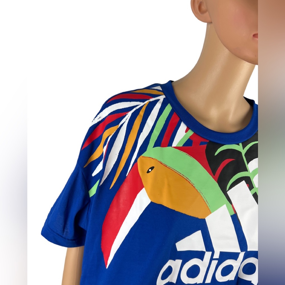 Adidas x Farm Rio Shirt Women Large Blue Tropical Short Sleeve Crop Pullover NWT - Picture 3 of 13